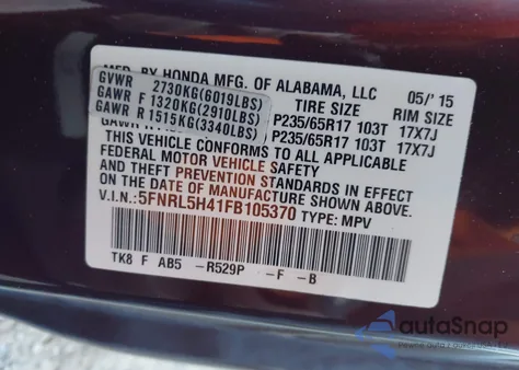 2015 Honda Odyssey Ex from USA, damaged, VIN 5FNRL5H41FB105370